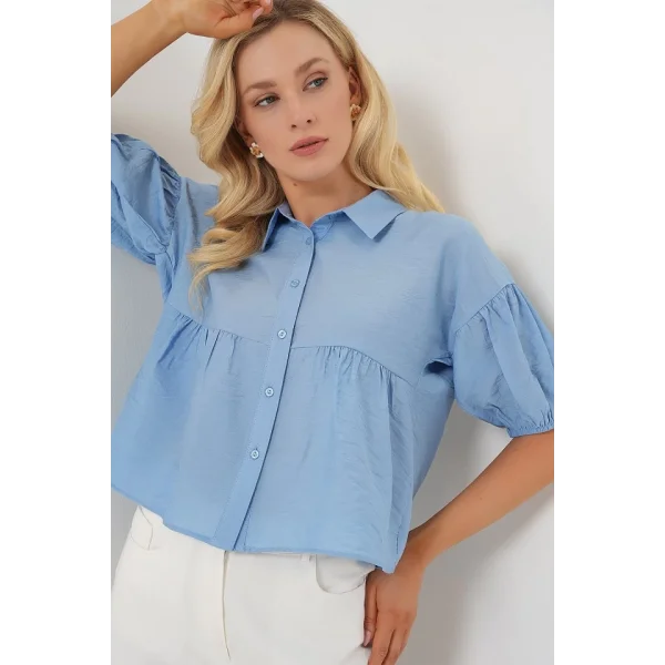 Kısa Kol Crop Gömlek 20335 - Mavi