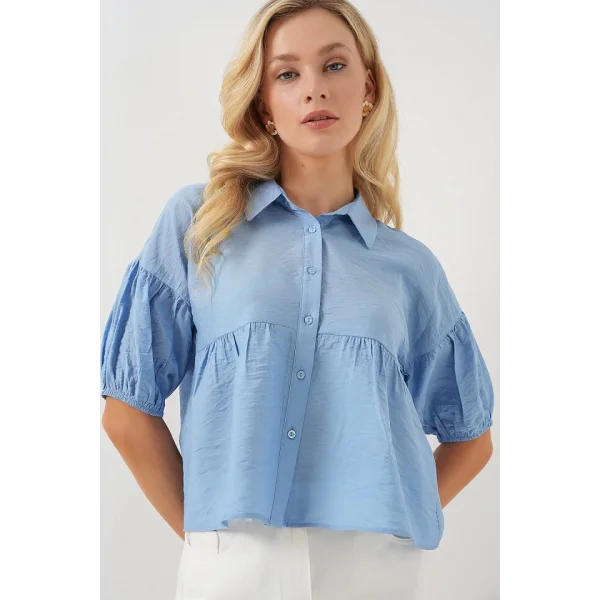 Kısa Kol Crop Gömlek 20335 - Mavi