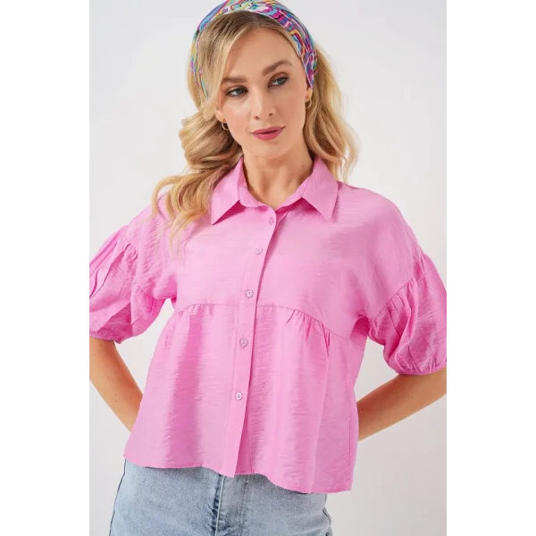 Kısa Kol Crop Gömlek 20335 - Pudra