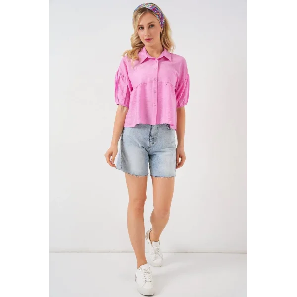 Kısa Kol Crop Gömlek 20335 - Pudra