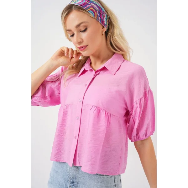 Kısa Kol Crop Gömlek 20335 - Pudra