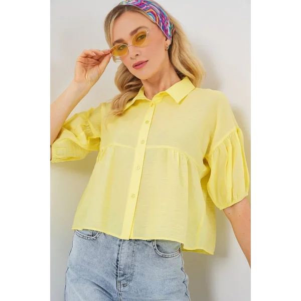 Kısa Kol Crop Gömlek 20335 - Sarı