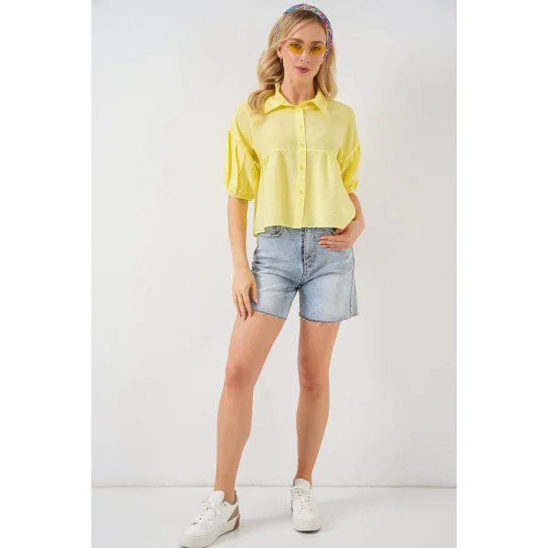 Kısa Kol Crop Gömlek 20335 - Sarı