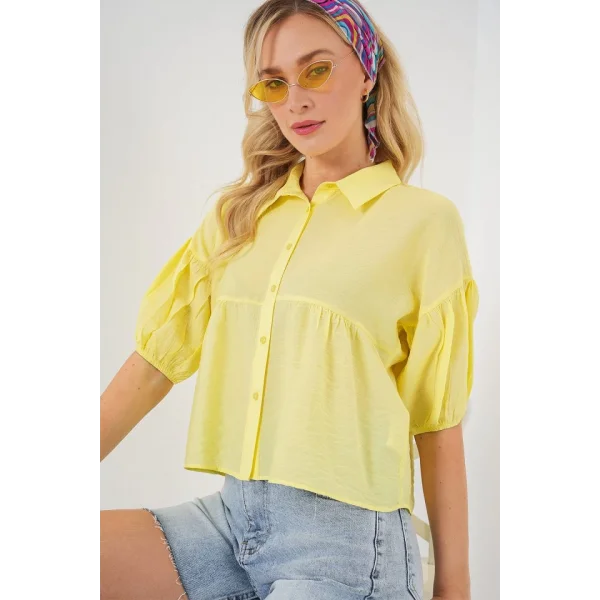 Kısa Kol Crop Gömlek 20335 - Sarı