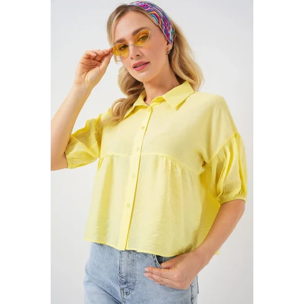 Kısa Kol Crop Gömlek 20335 - Sarı