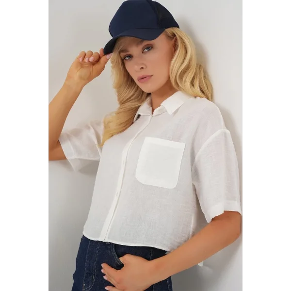 Kısa Kol Crop Gömlek 20341 - Beyaz