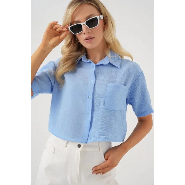 Kısa Kol Crop Gömlek 20341 - Mavi
