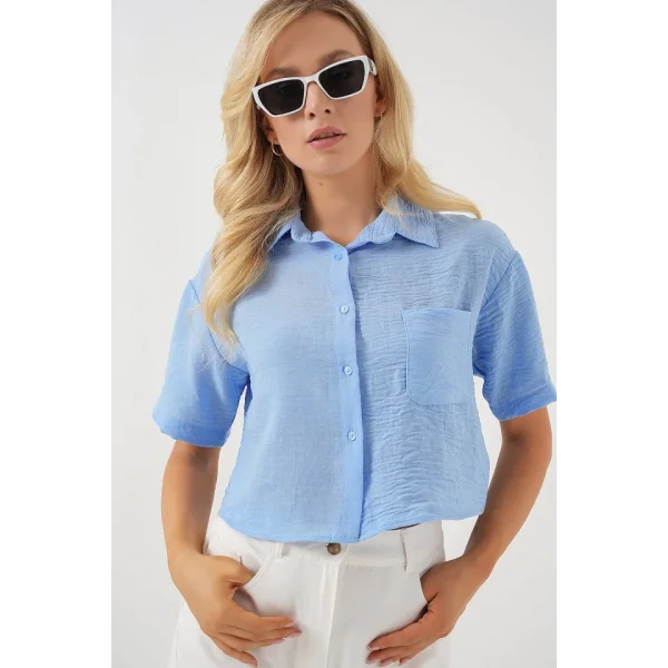 Kısa Kol Crop Gömlek 20341 - Mavi