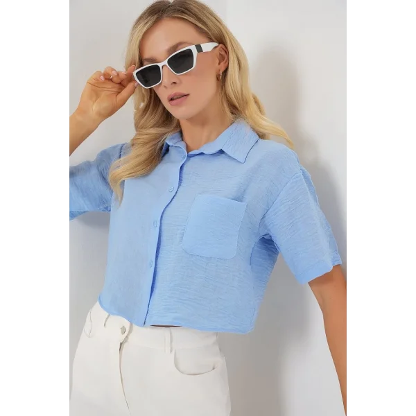Kısa Kol Crop Gömlek 20341 - Mavi
