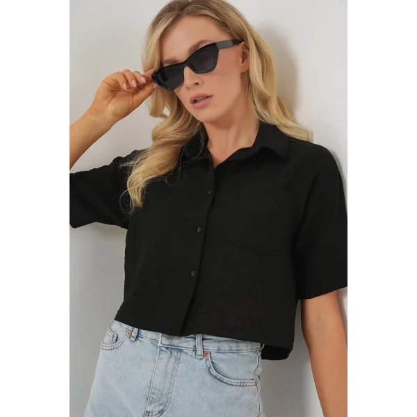 Kısa Kol Crop Gömlek 20341 - Siyah