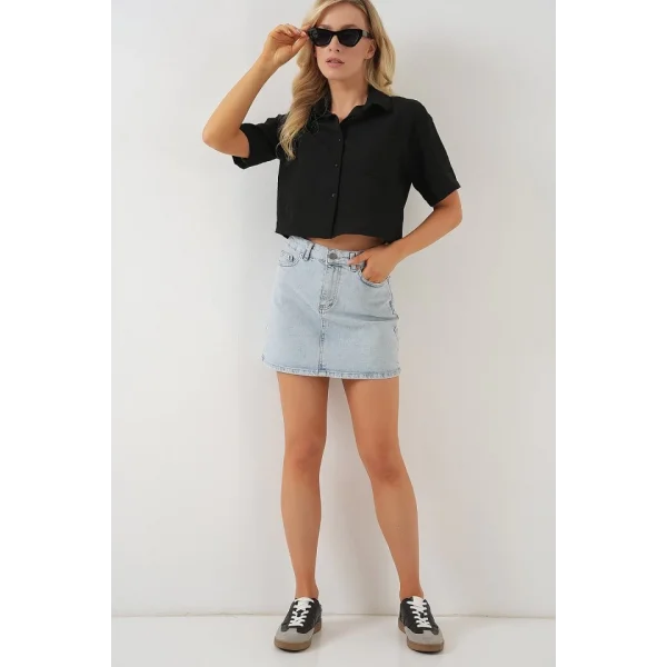 Kısa Kol Crop Gömlek 20341 - Siyah