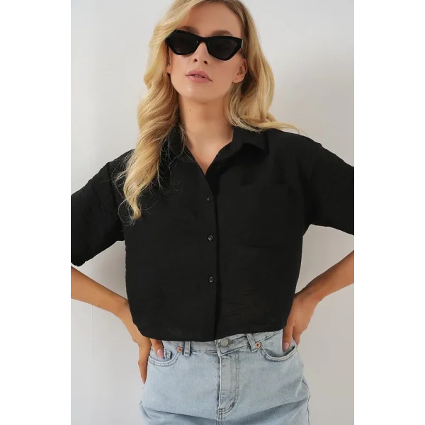 Kısa Kol Crop Gömlek 20341 - Siyah
