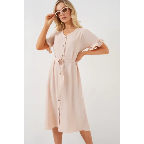 Kısa Kol Düğmeli Elbise 2555 - Krem