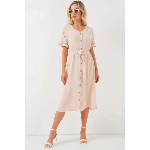 Kısa Kol Düğmeli Elbise 2555 - Krem