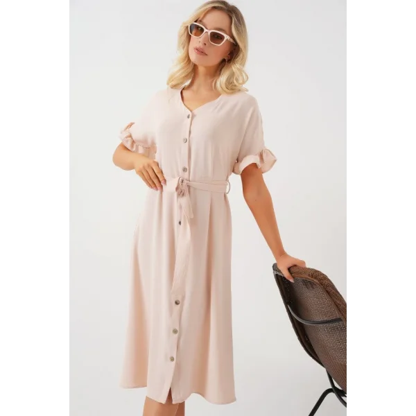 Kısa Kol Düğmeli Elbise 2555 - Krem