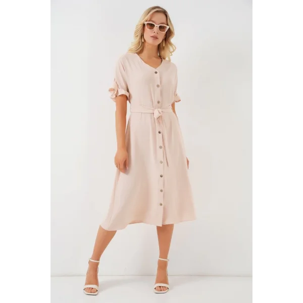 Kısa Kol Düğmeli Elbise 2555 - Krem