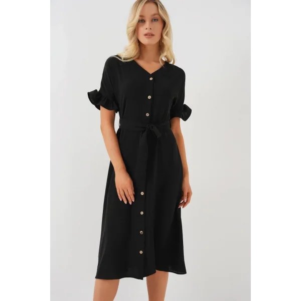 Kısa Kol Düğmeli Elbise 2555 - Siyah
