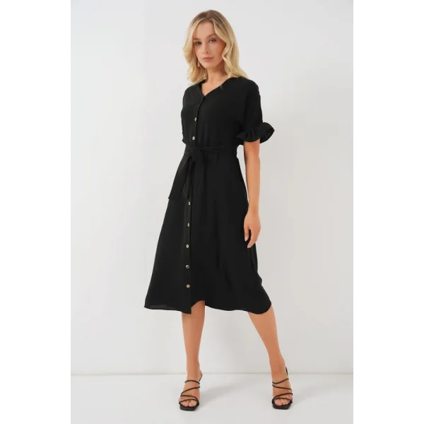 Kısa Kol Düğmeli Elbise 2555 - Siyah