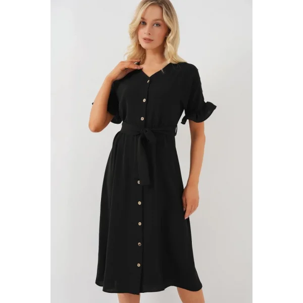Kısa Kol Düğmeli Elbise 2555 - Siyah
