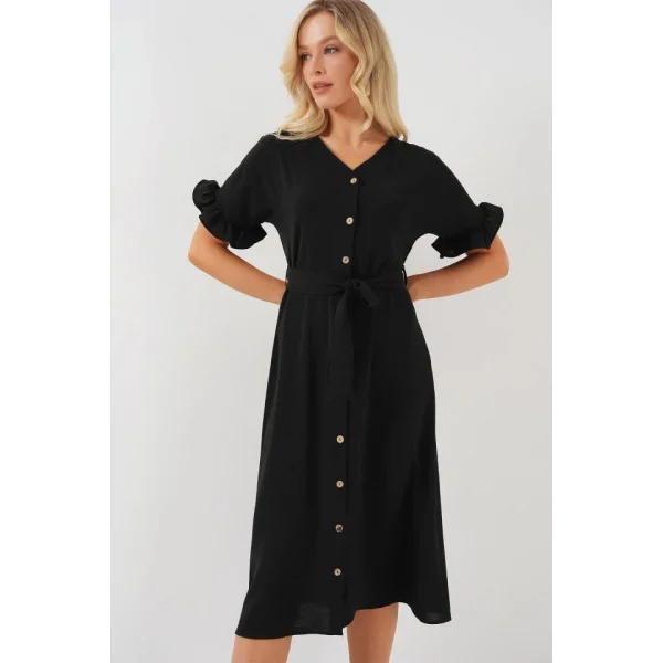 Kısa Kol Düğmeli Elbise 2555 - Siyah