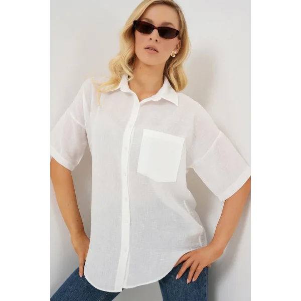 Kısa Kol Keten Görünümlü Gömlek 20336 - Beyaz