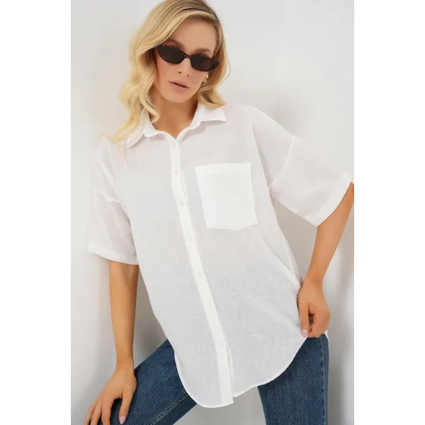 Kısa Kol Keten Görünümlü Gömlek 20336 - Beyaz