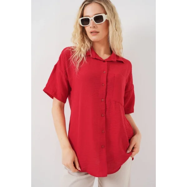 Kısa Kol Keten Görünümlü Gömlek 20336 - Kırmızı