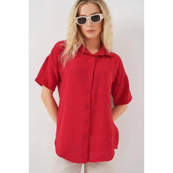 Kısa Kol Keten Görünümlü Gömlek 20336 - Kırmızı
