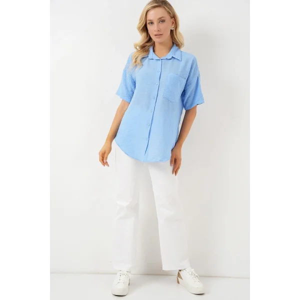 Kısa Kol Keten Görünümlü Gömlek 20336 - Mavi