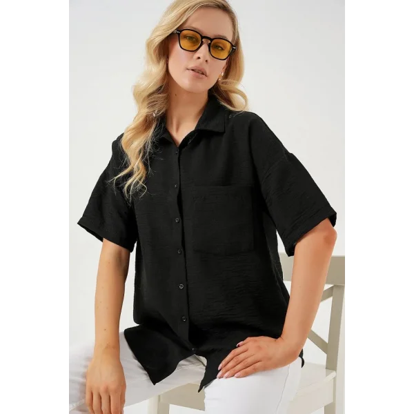 Kısa Kol Keten Görünümlü Gömlek 20336 - Siyah