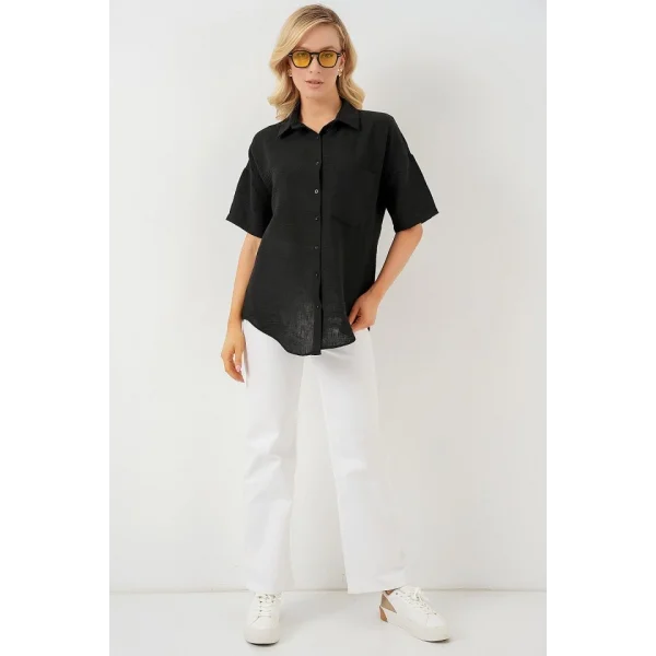 Kısa Kol Keten Görünümlü Gömlek 20336 - Siyah