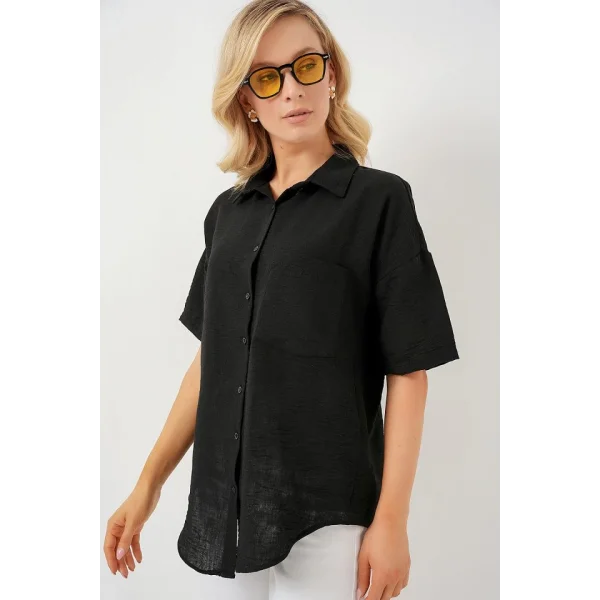 Kısa Kol Keten Görünümlü Gömlek 20336 - Siyah