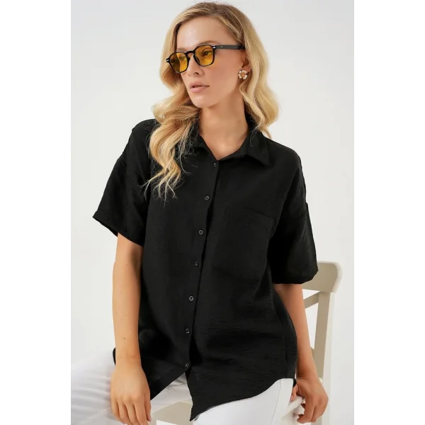 Kısa Kol Keten Görünümlü Gömlek 20336 - Siyah