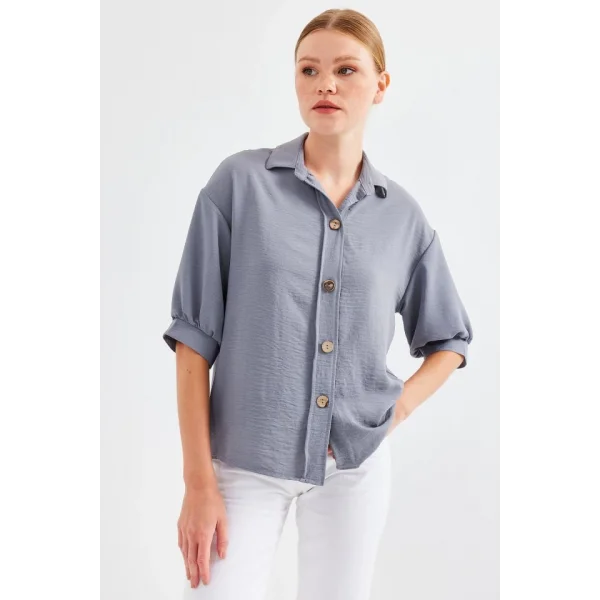 Kısa Kol Oversize Keten Gömlek 202  Gri