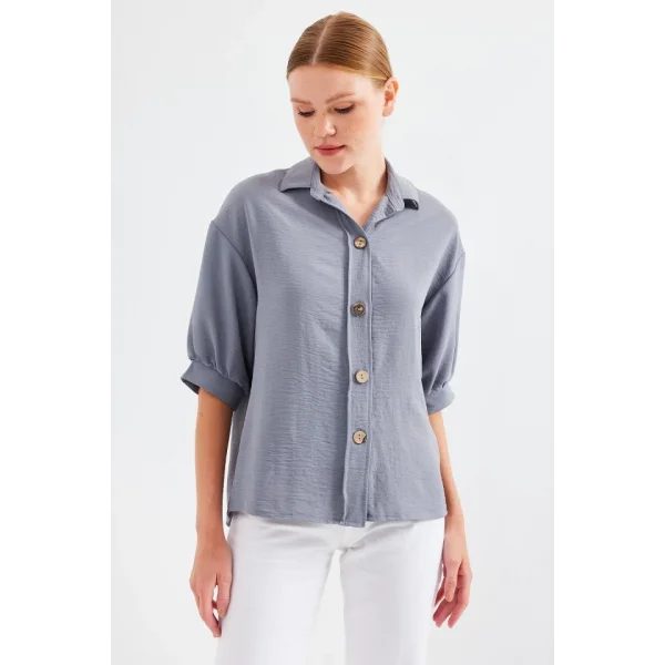 Kısa Kol Oversize Keten Gömlek 202  Gri