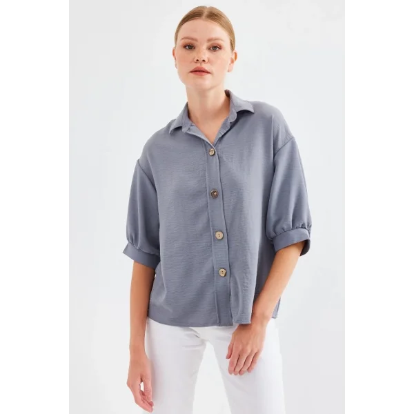 Kısa Kol Oversize Keten Gömlek 202  Gri