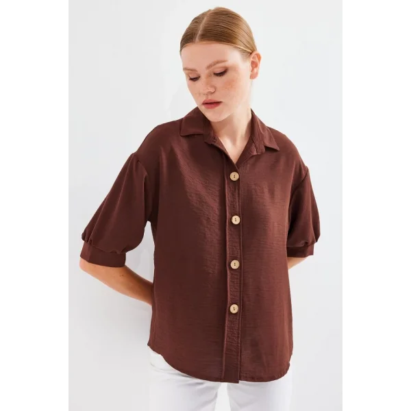 Kısa Kol Oversize Keten Gömlek 202  Kahverengi