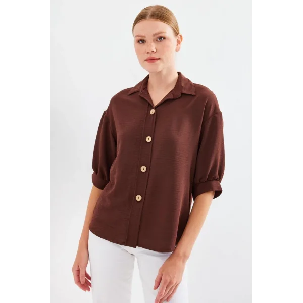 Kısa Kol Oversize Keten Gömlek 202  Kahverengi