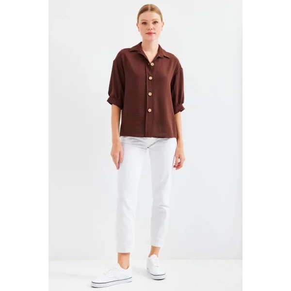 Kısa Kol Oversize Keten Gömlek 202  Kahverengi