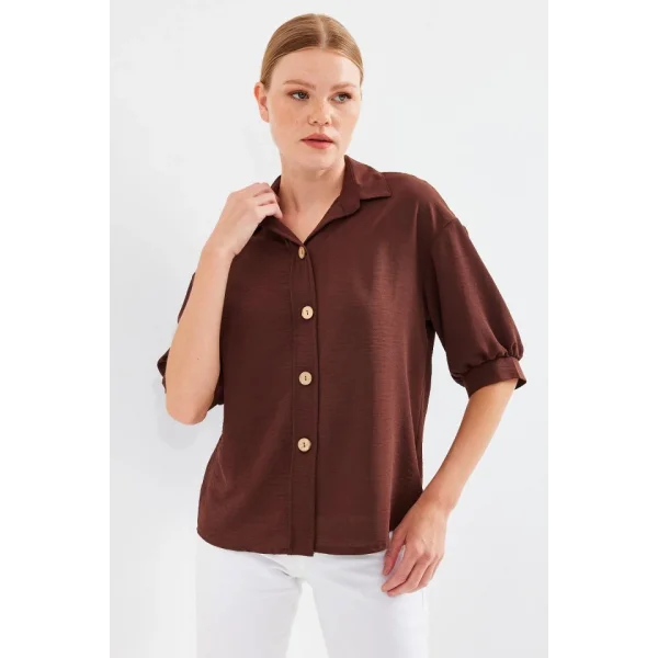 Kısa Kol Oversize Keten Gömlek 202  Kahverengi