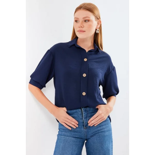 Kısa Kol Oversize Keten Gömlek 202  Lacivert