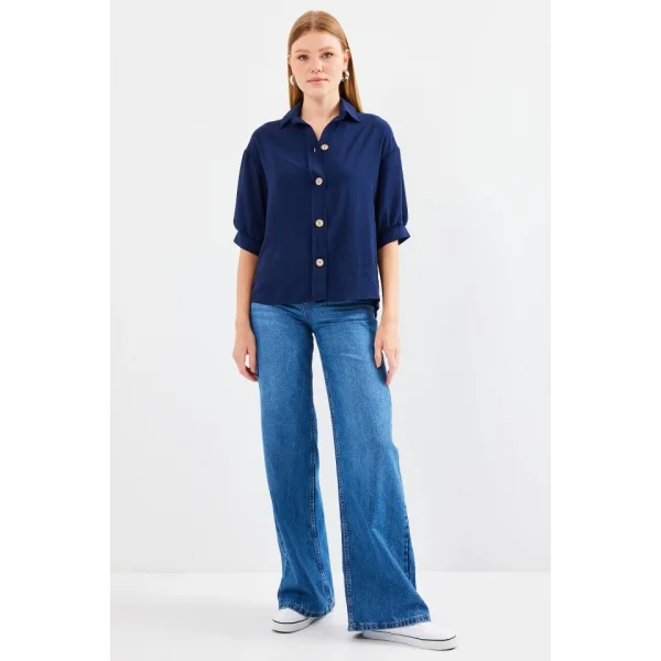 Kısa Kol Oversize Keten Gömlek 202  Lacivert