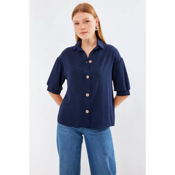 Kısa Kol Oversize Keten Gömlek 202  Lacivert
