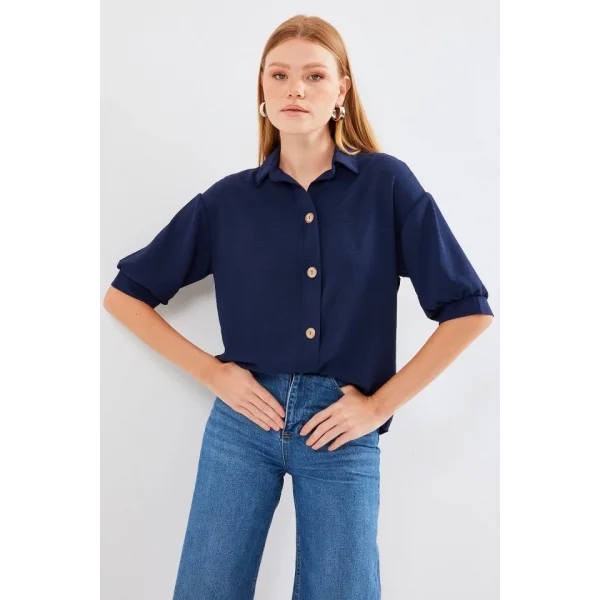 Kısa Kol Oversize Keten Gömlek 202  Lacivert
