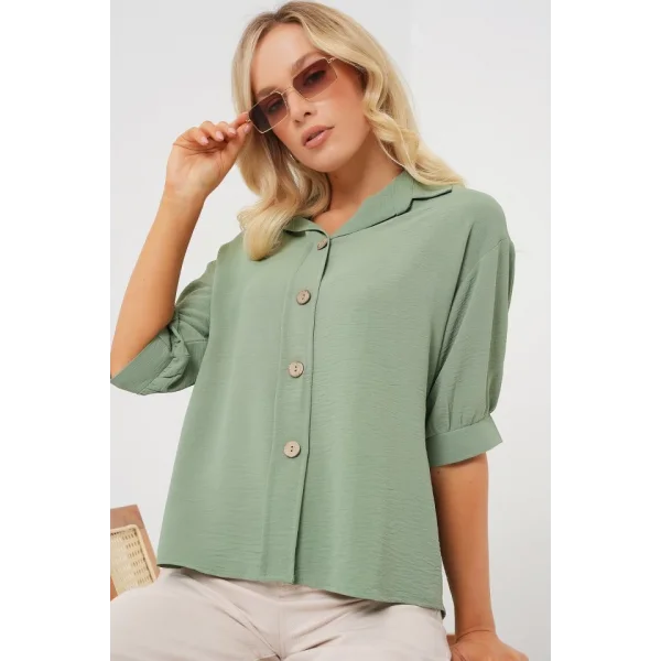 Kısa Kol Oversize Keten Gömlek 20240 - Çağla