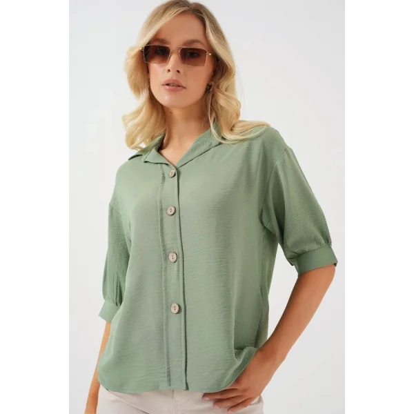 Kısa Kol Oversize Keten Gömlek 20240 - Çağla