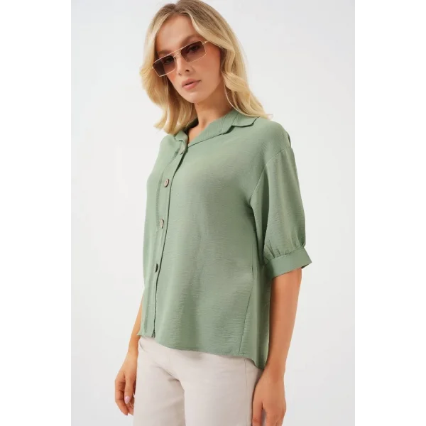 Kısa Kol Oversize Keten Gömlek 20240 - Çağla