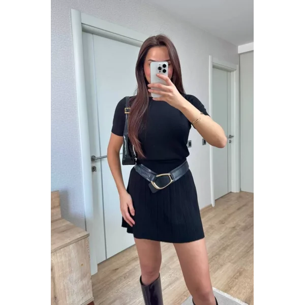 Kısa Kollu Bluz Mini Etekli ikili Takım Triko - Siyah