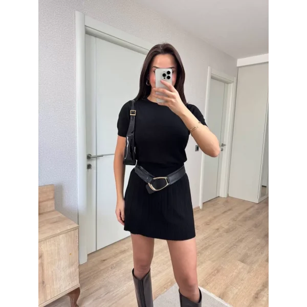 Kısa Kollu Bluz Mini Etekli ikili Takım Triko - Siyah