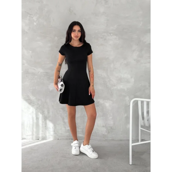 Kısa Kollu Mini Elbise - Siyah
